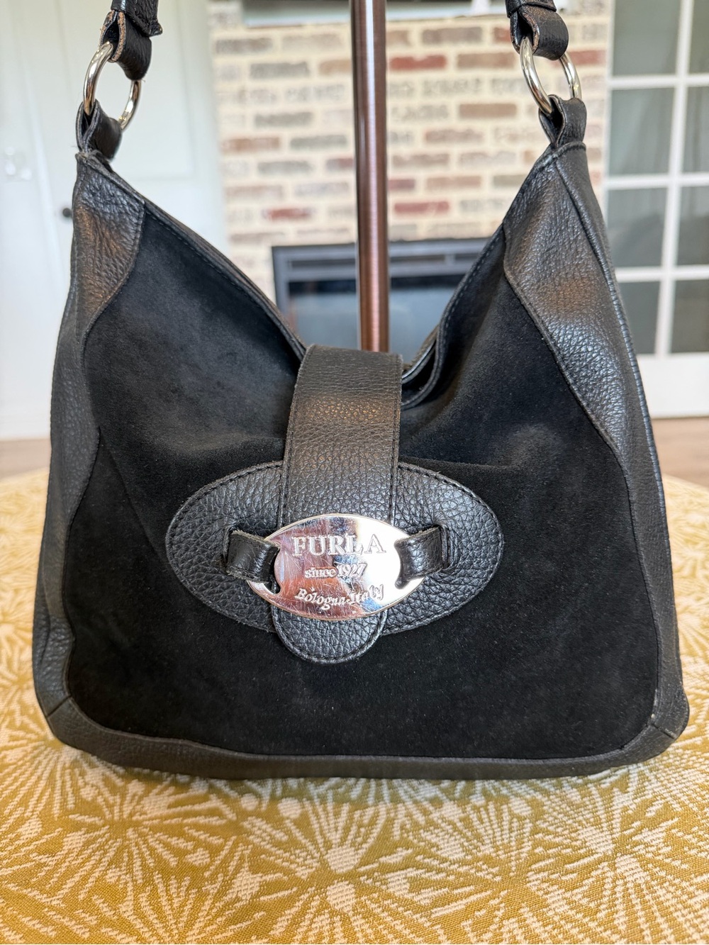 Furla Black Suede and Pebbled Leather Shoulder Bag - Picture 2 of 8